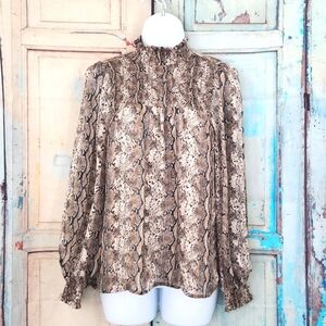 Joie Snakeskin Smocked Long Sleeve Blouse Top